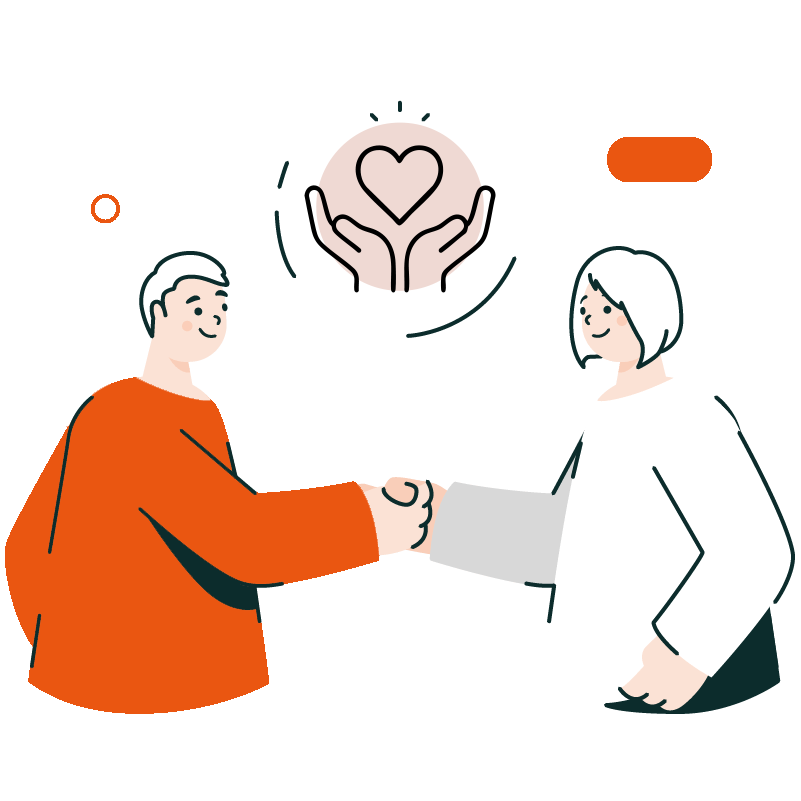 Zwei Personen geben sich die Hand, über ihnen erscheint eine Sprechblase mit einem Herz in schützenden Händen – Symbol für Vertrauen, Fürsorge und herzliche Alltagsbegleitung in Wittenberg.